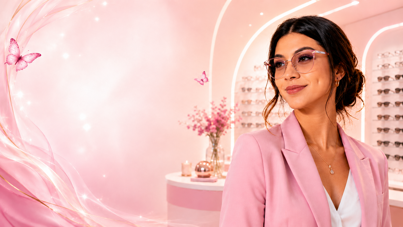 Campaña editorial de Ópticas Ari con modelo usando lentes
